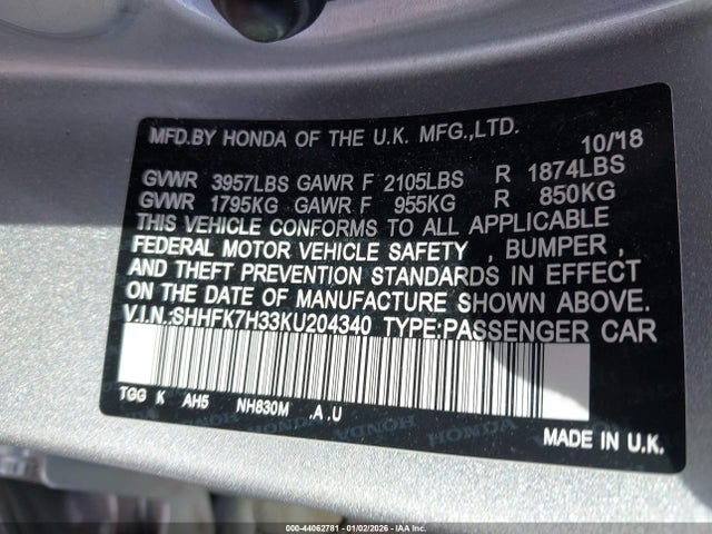 SHHFK7H33KU204340 Honda Civic Lx