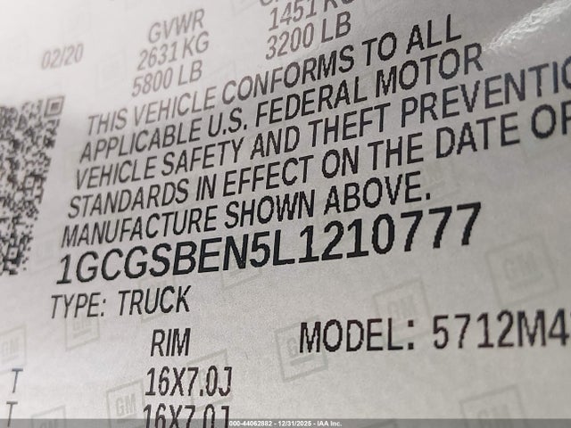 1GCGSBEN5L1210777 Chevrolet Colorado 2wd Short Box Wt