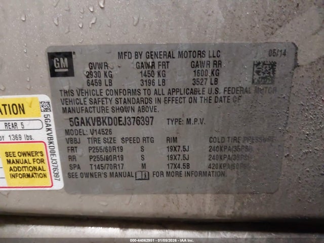 44062951 :رقم المزاد ، 5GAKVBKD0EJ376397 vin ، 2014 Buick Enclave Leather مزاد بيع