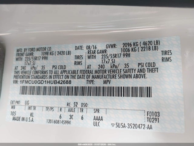 Продаж на аукціоні авто 2017 Ford Escape Se, vin: 1FMCU0GD1HUB42688, номер лоту: 44063020