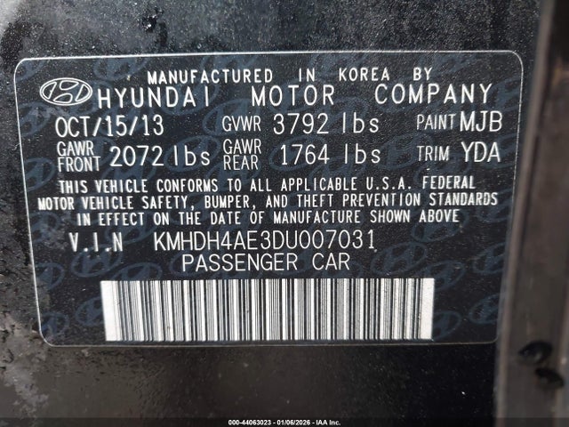 2013 Hyundai Elantra Gls მანქანა იყიდება აუქციონზე, vin: KMHDH4AE3DU007031, აუქციონის ნომერი: 44063023