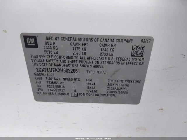 Aukcja sprzedaży 2017 Gmc Terrain Slt, vin: 2GKFLUEK3H6322061, numer aukcji: 44063104