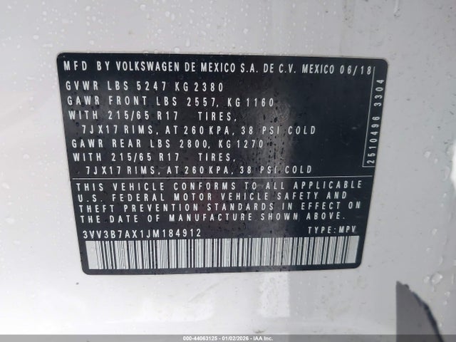 3VV3B7AX1JM184912 Volkswagen Tiguan 2.0t Se/2.0t Sel
