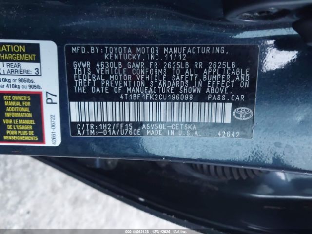 2012 TOYOTA CAMRY 4T1BF1FK2CU196098 Photo 8