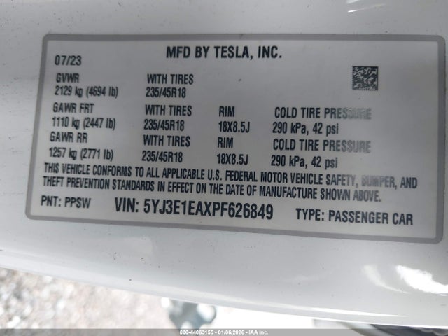 Продажа на аукционе авто 2023 Tesla Model 3 Rear-wheel Drive, vin: 5YJ3E1EAXPF626849, номер лота: 44063155