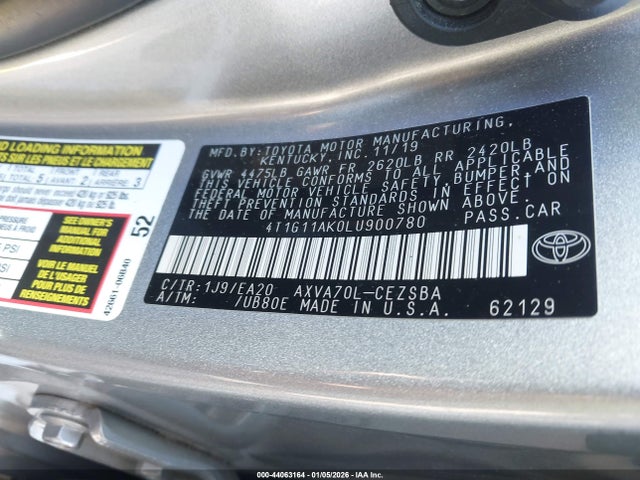 2020 TOYOTA CAMRY 4T1G11AK0LU900780 Photo 8