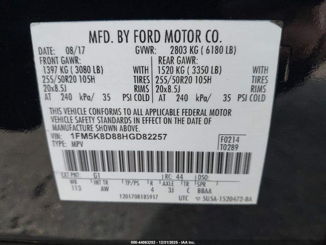 1FM5K8D88HGD82257 Ford EXPLORER XLT