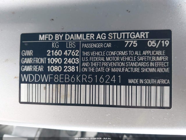 44063423 :رقم المزاد ، WDDWF8EB6KR516241 vin ، 2019 Mercedes-benz C 300 4matic مزاد بيع