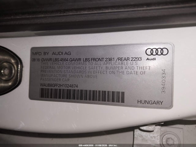 2017 Audi A3 2.0t Premium მანქანა იყიდება აუქციონზე, vin: WAUB8GFF2H1024874, აუქციონის ნომერი: 44063500