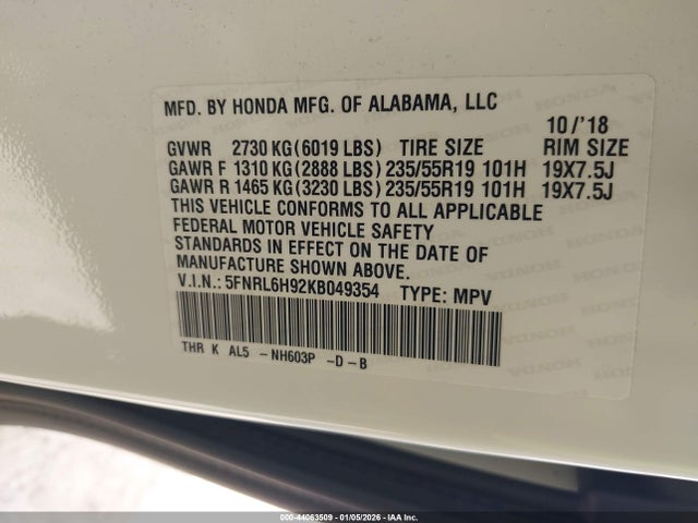 5FNRL6H92KB049354 Honda Odyssey Elite