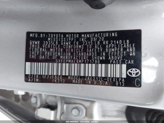 2021 TOYOTA COROLLA 5YFEPMAE8MP171786 Photo 8