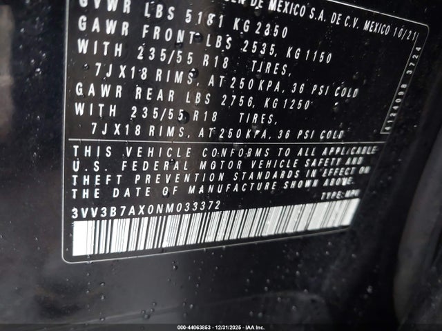 3VV3B7AX0NM033372 Volkswagen Tiguan 2.0t Se