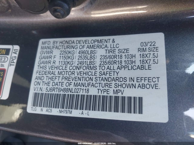 5J6RT6H88NL027118 Honda Cr-v Hybrid Ex-l