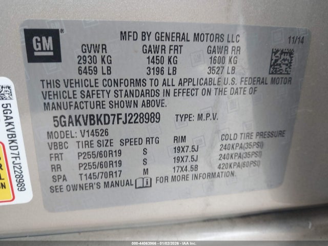 5GAKVBKD7FJ228989 Buick Enclave Leather