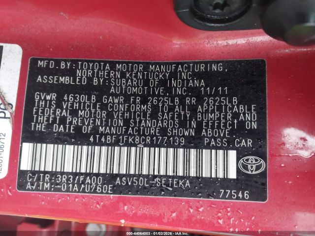 2012 TOYOTA CAMRY 4T4BF1FK8CR177139 Photo 8