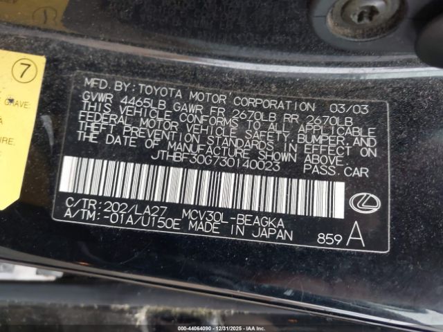 2003 LEXUS ES 300 JTHBF30G730140023 Photo 8