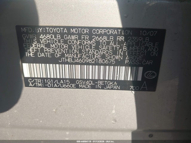 Aukcja sprzedaży 2008 Lexus Es 350, vin: JTHBJ46G982180675, numer aukcji: 44064119