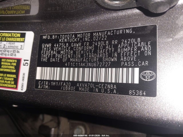 4T1C11AK3NU672727 Toyota CAMRY LE