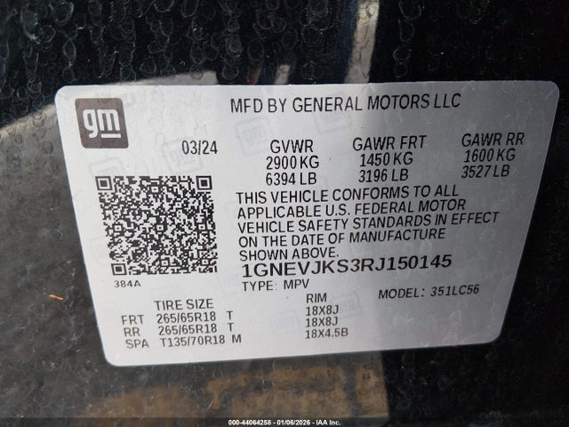 1GNEVJKS3RJ150145 Chevrolet Traverse Awd Z71