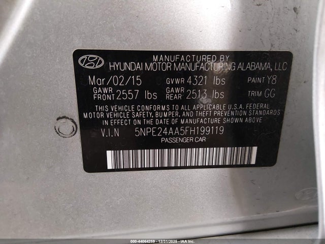 5NPE24AA5FH199119 Hyundai SONATA ECO