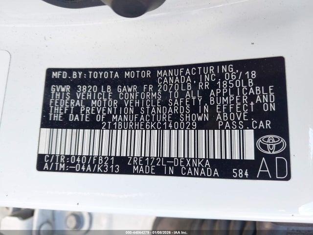 2T1BURHE6KC140029 Toyota COROLLA LE