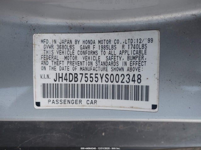 2000 Acura Integra Ls მანქანა იყიდება აუქციონზე, vin: JH4DB7555YS002348, აუქციონის ნომერი: 44064346