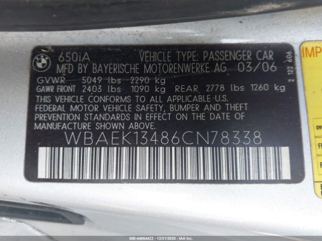 2006 BMW 650I WBAEK13486CN78338 Photo 8