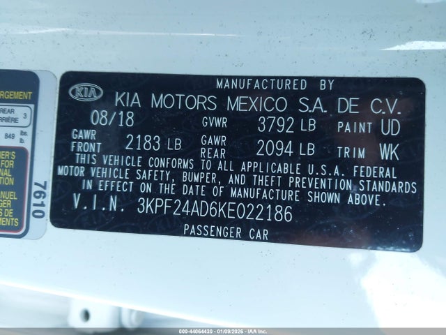 3KPF24AD6KE022186 KIA Forte Lxs