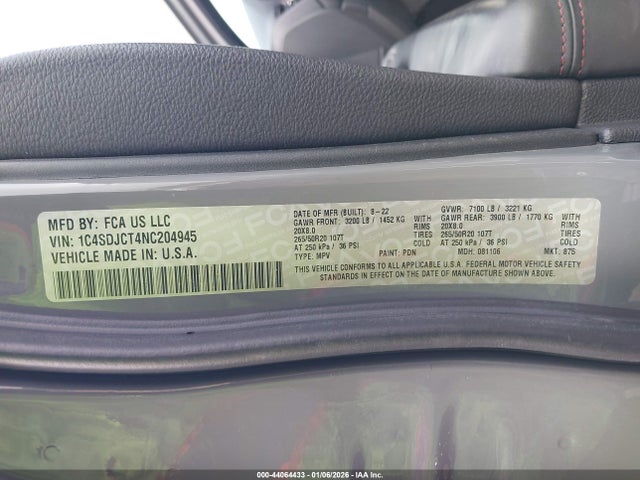Aukcja sprzedaży 2022 Dodge Durango R/t Awd, vin: 1C4SDJCT4NC204945, numer aukcji: 44064433