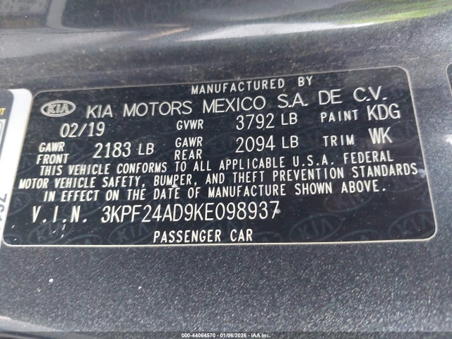 2019 Kia Forte Lxs მანქანა იყიდება აუქციონზე, vin: 3KPF24AD9KE098937, აუქციონის ნომერი: 44064570