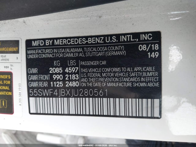 44064592 :رقم المزاد ، 55SWF4JBXJU280561 vin ، 2018 Mercedes-benz C 300 مزاد بيع