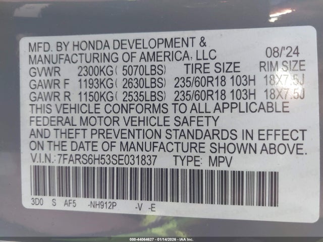 7FARS6H53SE031837 Honda Cr-v Hybrid Sport