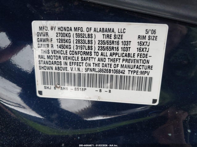 Продажа на аукционе авто 2006 Honda Odyssey Ex-l, vin: 5FNRL38626B106842, номер лота: 44064671