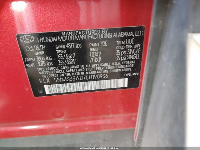 Aukcja sprzedaży 2020 Hyundai Santa Fe Sel, vin: 5NMS33AD7LH190936, numer aukcji: 44064917