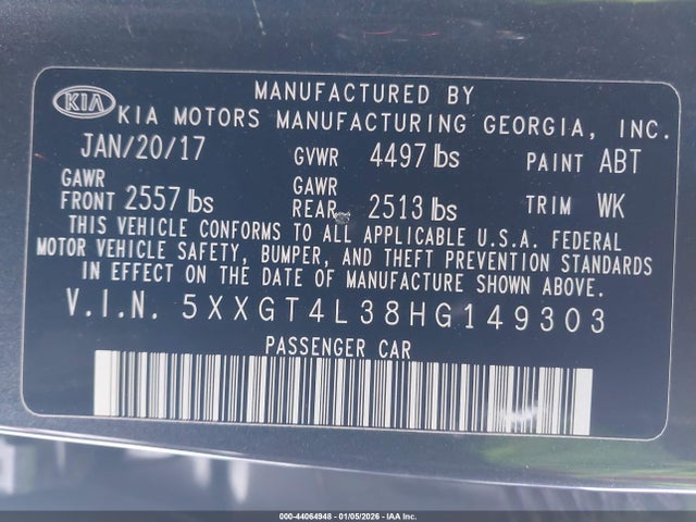 5XXGT4L38HG149303 KIA Optima Lx