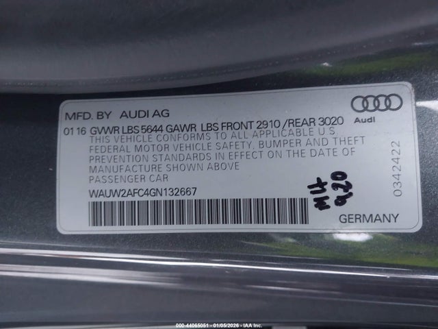 2016 Audi S7 4.0t მანქანა იყიდება აუქციონზე, vin: WAUW2AFC4GN132667, აუქციონის ნომერი: 44065051