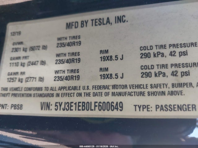 2020 TESLA MODEL 3 5YJ3E1EB0LF600649 Photo 8