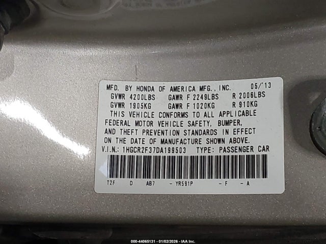 Продаж на аукціоні авто 2013 Honda Accord Lx, vin: 1HGCR2F37DA199503, номер лоту: 44065131