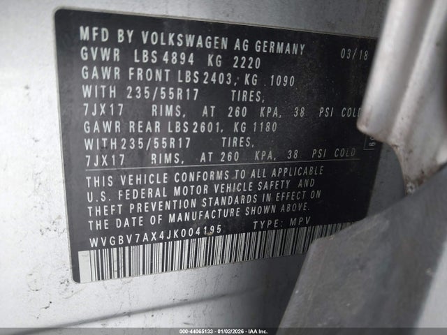 Продаж на аукціоні авто 2018 Volkswagen Tiguan Limited 2.0t, vin: WVGBV7AX4JK004195, номер лоту: 44065133
