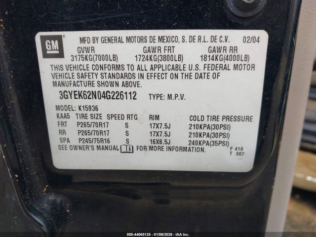 Продажа на аукционе авто 2004 Cadillac Escalade Ext Standard, vin: 3GYEK62N04G226112, номер лота: 44065135