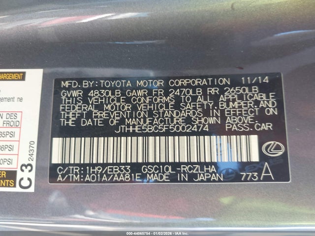 44065754 :رقم المزاد ، JTHHE5BC5F5002474 vin ، 2015 Lexus Rc 350 مزاد بيع