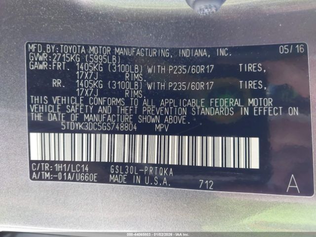 2016 TOYOTA SIENNA 5TDYK3DC5GS748804 Photo 8