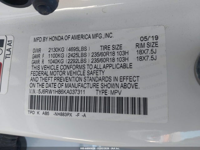 5J6RW1H86KA037311 Honda Cr-v Ex-l