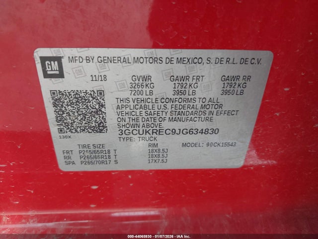 Aukcja sprzedaży 2018 Chevrolet Silverado 1500 2lt, vin: 3GCUKREC9JG634830, numer aukcji: 44065930