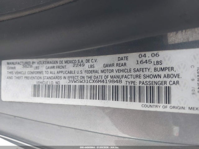 44065964 :رقم المزاد ، 3VWSW31CX6M419848 vin ، 2006 Volkswagen New Beetle 2.5 مزاد بيع