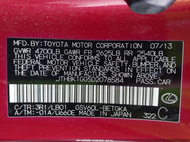 44065989 :رقم المزاد ، JTHBK1GG5D2078584 vin ، 2013 Lexus Es 350 مزاد بيع
