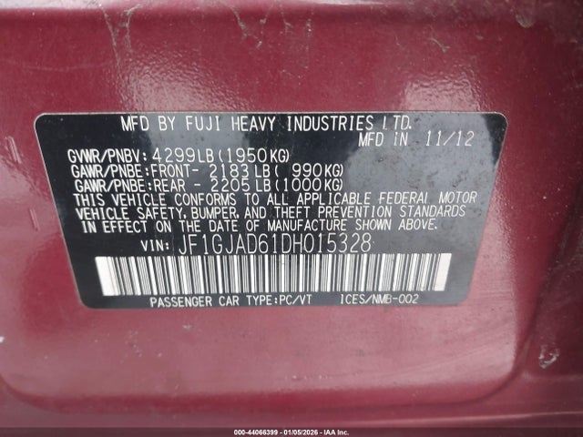 Продаж на аукціоні авто 2013 Subaru Impreza 2.0i Premium, vin: JF1GJAD61DH015328, номер лоту: 44066399