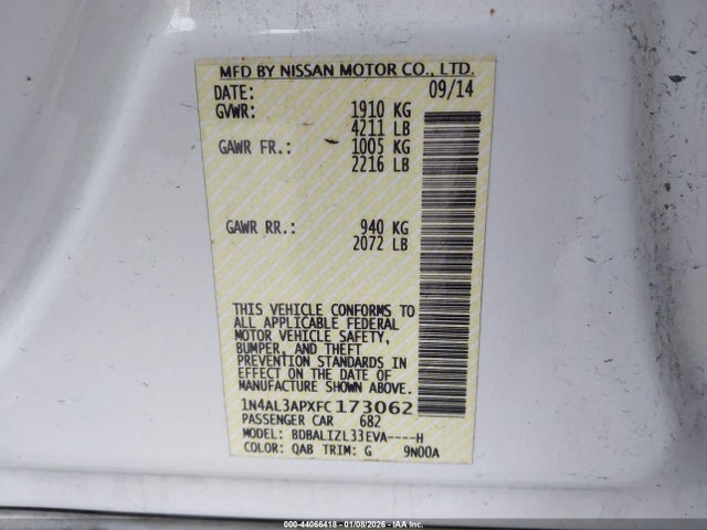 2015 Nissan Altima 2.5 Sv მანქანა იყიდება აუქციონზე, vin: 1N4AL3APXFC173062, აუქციონის ნომერი: 44066418