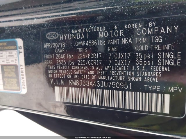 2018 Hyundai Tucson Sel მანქანა იყიდება აუქციონზე, vin: KM8J33A43JU750951, აუქციონის ნომერი: 44066536