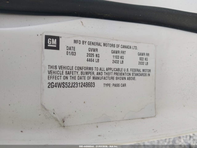 44066544 :رقم المزاد ، 2G4WS52J231248603 vin ، 2003 Buick Century Custom مزاد بيع